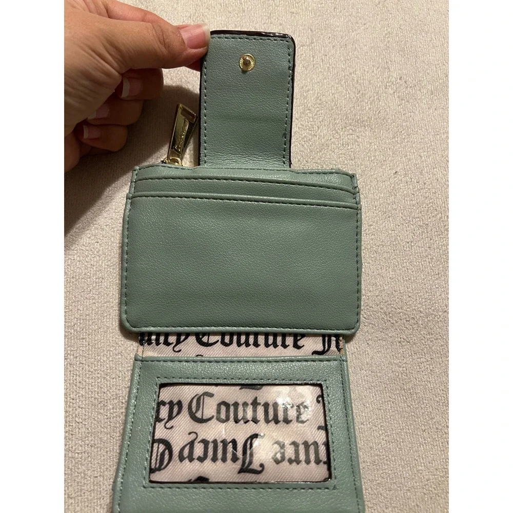 Juicy Couture Sage Green Card Holder Wallet Gold Studded ID Window Zip Pocket